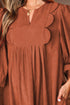 Bracelet Sleeve Split Neck Scallop Detail Pleated Corduroy Mini Dress